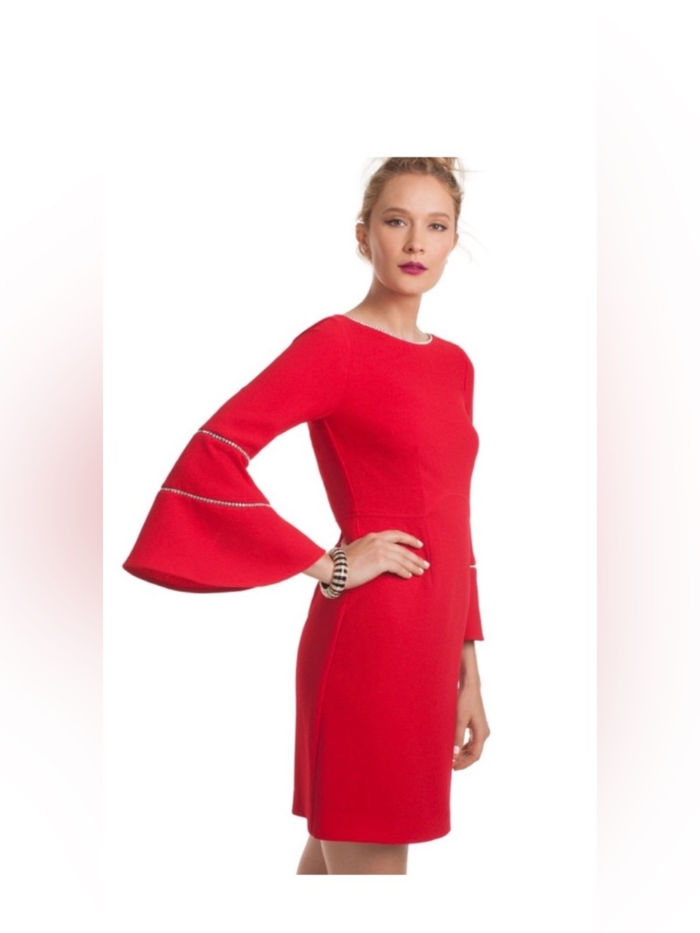 Trina Turk Socialite Crystal Rhinestone Embellished Trim Bell Sleeve Dress